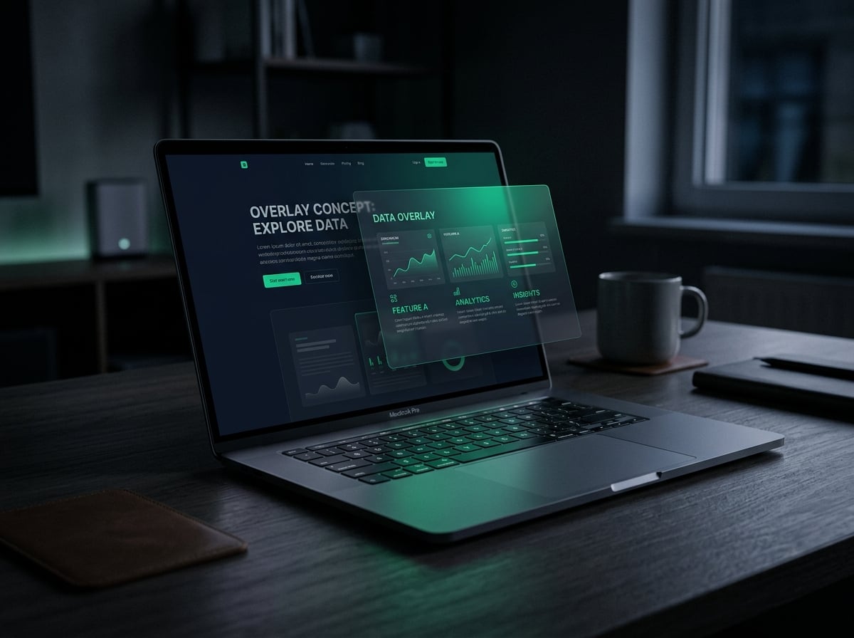 Laptop showing website overlay technology in a dark professional setting